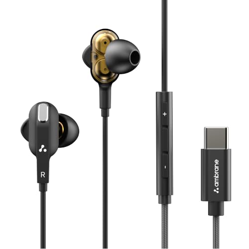 Image of Ambrane Type C Wired Earphones with Mic, Dual Dynamic Drivers, Hi-Fi Stereo Sound, Deep Bass, in-Ear Earphones for Gaming, Music & Calls, Compatible with Type C Smartphones, iPhone,Android, Ipad