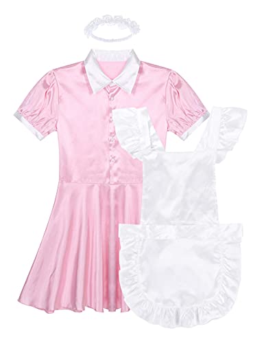Sywiyi Men's Sissy Satin Maid Outfit Crossdresser Babydoll Nightdress with Apron Headband 3Pcs Set4