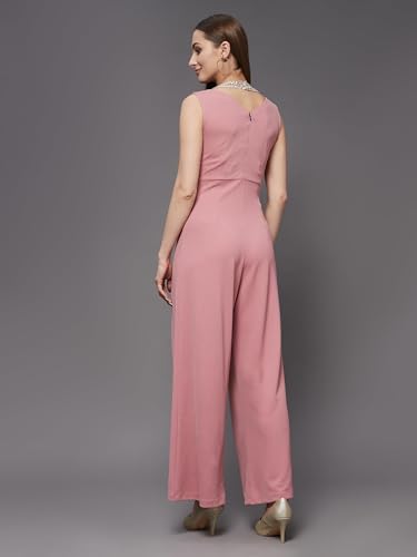 Image of Miss Chase Women's Halter Neck Sleeveless Solid Wide Leg Sequin Paneled Regular Length Jumpsuit