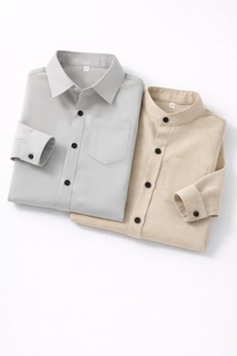 Image of Boys Mandarin Collar Shirt with Chest Pocket Beige and Rama Blue Color, Long Sleeve Button-Down Casual Shirt Pack of 2