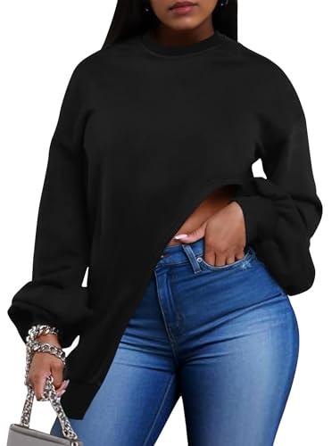 LovelyWholesale Women Asymmetrical Oversized Sweatshirt Crew Neck Long Sleeve Crop Pullover Tops