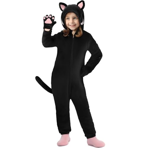 JRYBXS Katzenkostüm Kinder, Halloween Kostüm, Kostüm Damen Jumpsuit Mädchen Tierkostüm Katzenkostüm Set für Tier Mottoparty Halloween Karneval Weihnachten Maskerade (L)