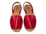 Sevillas Sandalias Menorquinas Planas de Piel, Estilo Avarcas con Suela de Corcho, Disponibles en color variado (ROJO, Sistema tallas calzado EU, Adulto, Mujer, Números, mediano, 35)