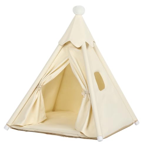 LOOBMBNS Pet Teepee Tent House for Small Cats & Mini-Dogs 16x16x16in, Small Cat House, Mini-Dog House for Chihuahuas, More Stable, Indoor, S for Pets Up to 15lbs, White
