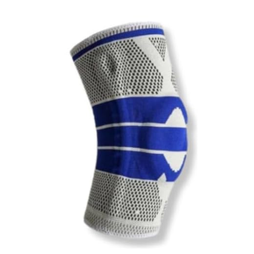 Joelheira Ortopédica De Compressão E Estabilidade Compressiva Patelar De Silicone Com Molas Dupla Face 3D Alívio De Dor Nos Joelhos Cinza E Azul PREMIUM ONYK (M)