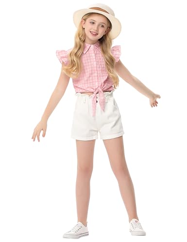 Image of Girls Sleeveless Plaid Button Down Shirt Summer Crop Tops Tie Knot Ruffle Sleeve Shirt Blouse 3-12Y