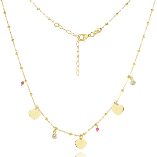 Miore Collar Mujer de Plata de Ley 925 Bañado en Oro de 18K 750, Collar con 3 Colgantes Corazón de Oro y 4 Cuentas, Cadena de 45 cm (4 cm de Extensión) Hecha a Mano en Italia, Joyas Dorados con Joyero