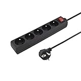 PremiumCord Steckdosenleiste mit Netzschalter 3 m, 5 Steckdosen, 230 V-Verlängerungskabel, 3 um 45° gedrehte französische Steckdosen, hochwertige Steckdosenleiste mit Kindersicherung, Farbe Schwarz