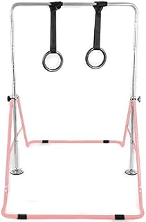 BuoQua Kids Gymnastics Bar with Flying Rings Adjustable Folding Horizontal Bar Pull Up Expandable Junior Training Bar for Kids Home Training (Pink)