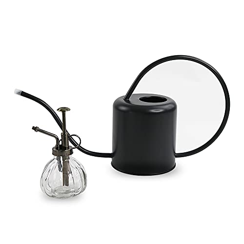 Watering Can 40oz Stainless Steel, Long Spout, Indoor, Outdoor, Garden, Flowers, Bonsai Plants and House Plants with Vintage Glass Spray Bottle 6oz