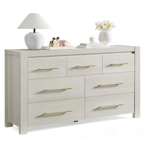Image of 7 Drawer Dresser for Bedroom, 57.4 inch Wide Modern Chest of Drawers, Wooden Large Storage Cabinet with Sturdy Construction, TV Stand for Living Room, Hallway, Dining Room, Office (Cream White)