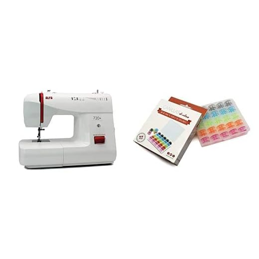 Alfa Basic 720 Máquina de coser, 9 diseños de puntada, motor de 70 W, color blanco + 6050-Caja 25 canillas Colores, Multicolor