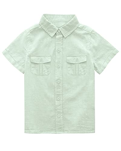 Makkrom Boys Button Down Short Sleeve Linen Shirts Casual Summer Beach Lapel Collar Top Shirts