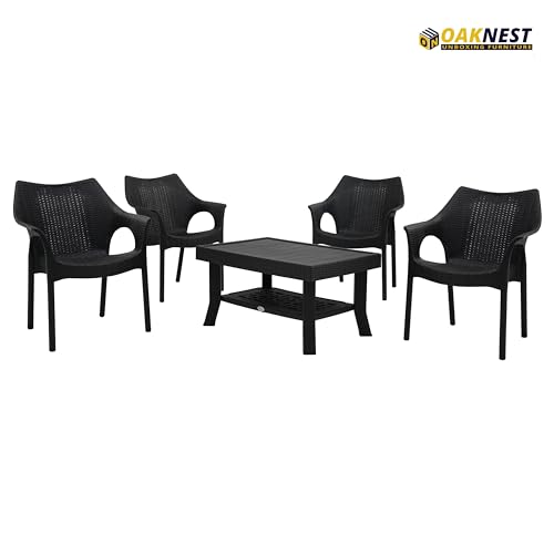 Image of Oaknest Supreme Cambridge with Vegas Plastic Outdoor Chair and Table Set | 4 Rattan Chairs + 1 Table | Weatherproof, Lightweight | Garden & Patio Use Black