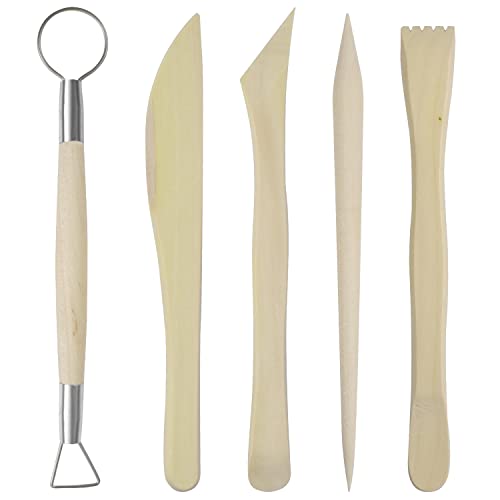 Becanno Herramientas de Arcilla, 5Pcs Herramientas de Escultura de Arcilla, Set Cuchillo de Trinchar con Mango de Madera, Kit Herramientas para Modelar Cerámica Tallado Principiantes