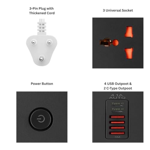 Image of Extension Board with 3 Universal Sockets, 4 USB Ports & 2 Type-C Ports | 2500W 10A Power Strip | Heavy Duty 3 Pin Plug | Master Switch | Multi Plug Extension Board for Home, Office & Travel