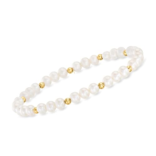 Pure Collection by Ross-Simons 4-5mm Cultured Pearl and 14kt Yellow Gold Bead Stretch Bracelet