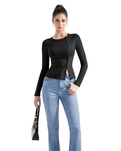 SUUKSESS Women Button Down Ribbed Tops Long Sleeve Going Out Fitted Modal Shirt4