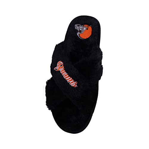 Image of FOCO Womens NFL Team Script Wordmark Fuzzy Cross Slide Slippers