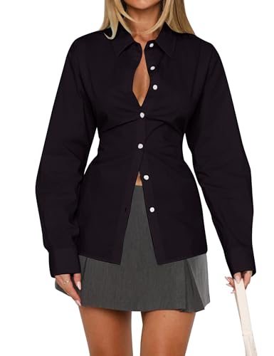 MISSACTIVER Women's Lapel Collar Button Down Shirt Cinch Waist Long Sleeve Casual Work Dressy Tunics Blouse Corset Tops Black