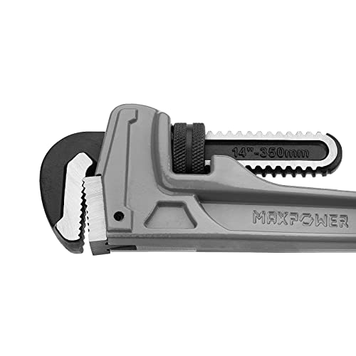 Maxpower Aluminum Pipe Wrench 14-Inch(350Mm), Heavy Duty Straight Pipe Wrench With Drop Forged, Heat-Treated Floating Hook Jaw And Light-Weight Cast Aluminum I-Beam Handle #TOP1