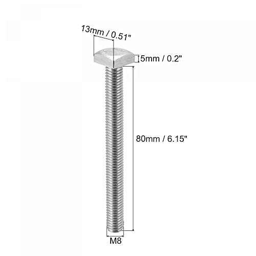 Image of uxcell Square Head Bolt, 5pcs M8x80mm Fully Thread 304 Stainless Steel Grade C Square Machine Screws