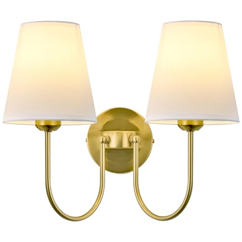 Image of White Fabric 2 Light Wall Sconce | Hardwired, Double Headed, Cloth Shade, For Bedroom, Bathroom & Hallway, Direct Wire