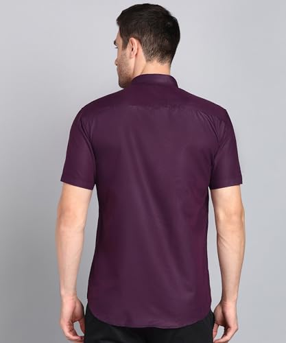 Image of MILDIN Men's Cotton Blend Solid Shirt with Spread Collared Half Sleeve Curved Hemline Button Closure Regular Fit and One Pocket | Half Sleeve Shirt for Men