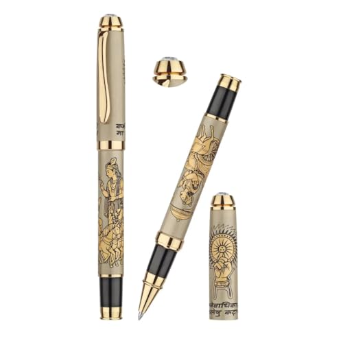 Image of Bhagavad Gita & Geeta Updesh Etched Pen | Lord Krishna Arjuna Engraved Metal Roller Ball Pen | Hindu Spiritual Gift, Corporate Gift & Return Gift