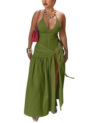 Image of Two Piece Skirt Set Women Sexy Halter Backless Bodysuit and Wrap Tied High Split Summer Maxi Skirt Set