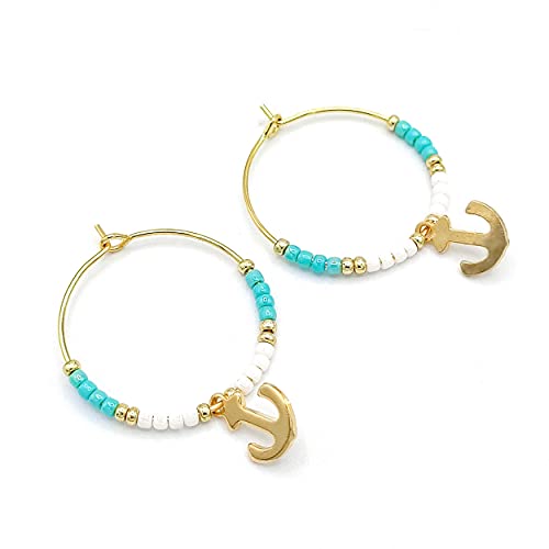 Créoles dorées décorées de perles bleu ciel avec breloque ancre, acier inoxydable, waterproof, 2,5cm de diamètre