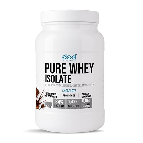 DoD Essentials Pure Whey Isolate 84% proteína+Colágeno hidrolizado+Creatina+Glutamina Con probióticos y enzimas digestivas Baja en lactosa y azúcares Recuperación (Chocolate 900g)