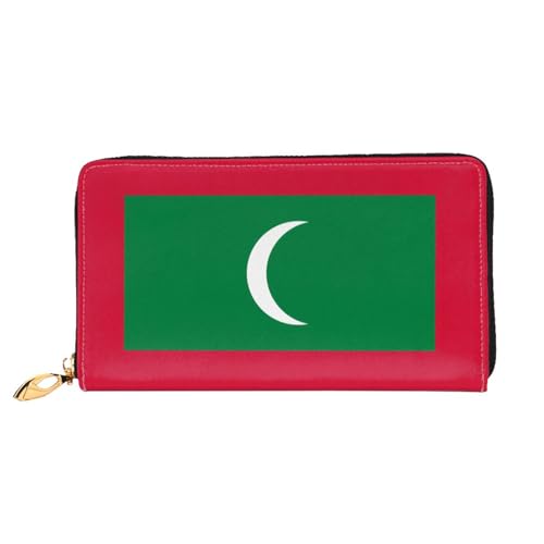 Leather Women Wallets, Long Credit Card Holder, Flag of Maldives Print Billfold Clutch & Travel Purse Large Capacity