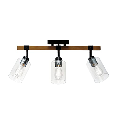 Globe Electric 57502 Austin 3-Light Track Lighting, Faux Wood, Matte Black Accents, Clear Glass Shades by Globe Electric - Used condition - CA$71.72