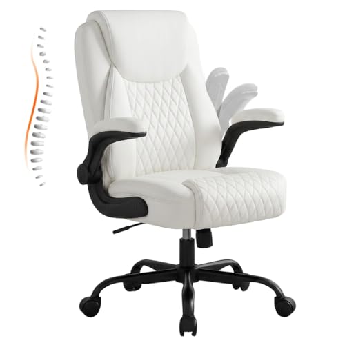 Image of GTPLAYER Leather Office Chair, Home Desk Chair with Flip-up Arms and Ergonomic Back - Comfy Heavy Duty Executive Chair for Home Office Gaming, White