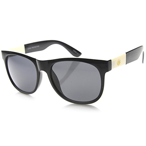 zeroUV Classic Shape Gold Detailed Marijuana Weed Leaf Horn Rimmed Sunglasses (Ivory Leaf | Shiny Black/Smoke)