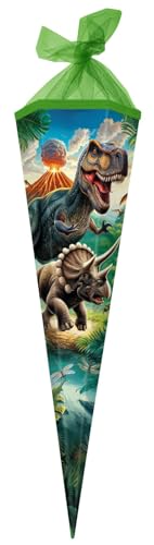 goldbuch 98 157 Schultüte 85 cm Vulkan Zuckertüte 6-eckig Geschenktüte mit Dinosaurier-Motiv Geschenkverpackung aus Lackkarton Einschulungstüte mit Netzverschluss ca. 85 x 24 x 20 cm bunt