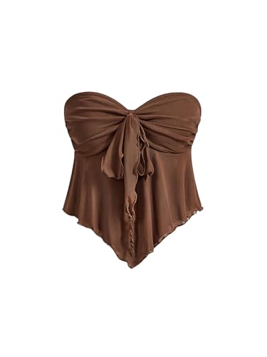 SHENHE Women's Strapless Tie Front Lettuce Trim Asymmetrical Flare Boho Tube Top Brown Solid Large