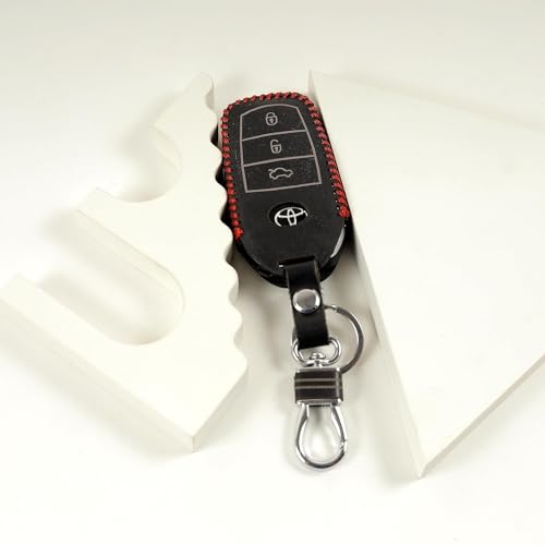 Image of Leather Smart Car Key Cover Case with Metal Hook Keychain for Toyota Fortuner Innova Crysta (Black)