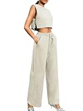 Kaei&Shi Casual Linen Two Piece Set Women,Sexy Drawstring High Waisted Wide Leg Pants,Sleeveless Crop Top,Summer Outfit Beige Small