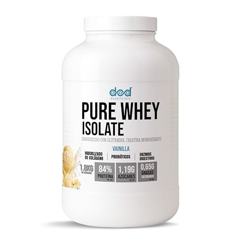 DoD Essentials Pure Whey Isolate 84% proteína+Colágeno hidrolizado+Creatina+Glutamina Con probióticos y enzimas digestivas Baja en lactosa y azúcares Recuperación (Vainilla 1,8kg)