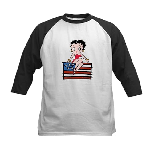 CafePress Betty Boop 'Murica Kids Baseball T Shirt Kids Cotton Baseball Jersey, 3/4 Raglan Sleeve Shirt Black/White