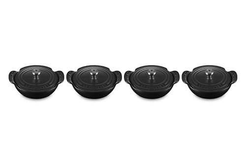 Le Creuset Gourmand Collection - Juego de 4 mini estofadores redondos de hierro fundido esmaltado, 0.3 cuartos de galón, negro mate con perilla de acero inoxidable