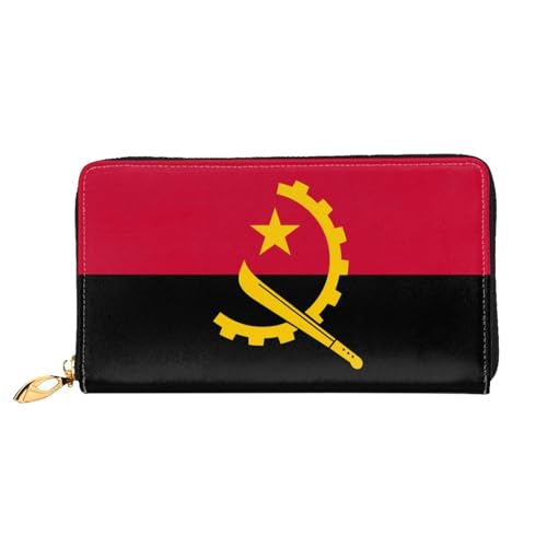 TYUMHAngola Flag Leather long clutch wallet with 12 card slots and 3 full pockets for cash, designed for fashionable women.