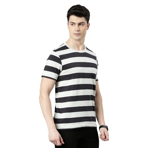 Image of FASO Men's Yarn Dyed Striped T-Shirt | Super Soft Combed Cotton | Sporty Big Stripes | Half Sleeves | Customized Comfort Fit for Smart Casual Wear