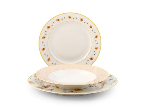 SET TAVOLA COMPLETO: Il servizio tavola Amelie è composto da 6 piatti piani, 6 piatti fondi e 6 piatti da frutta, per creare una mise en place elegante, ispirata alla delicatezza della natura.