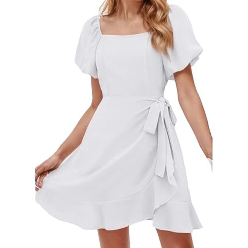 SUPTTING Vestido de mujer con cuello cuadrado y mangas abullonadas, vestido de verano, vestido envolvente con cinturón, vestido de ocio, minivestido de fiesta para citas, ocio, vacaciones, uso diario
