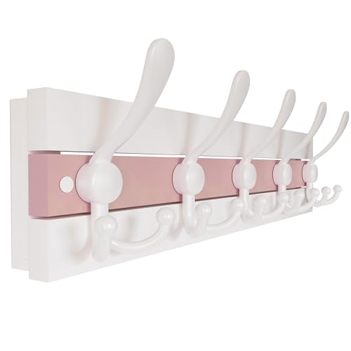 Image of SKOLOO Coastal Wall Mounted Coat Rack - 16-7 /8 inch Beach House Entryway Wooden Coat Hook with 5 Hooks for Hanging Coats, Hats or Towels, Oceanfront Cottage Core Collection, White & Palm Beach Pink
