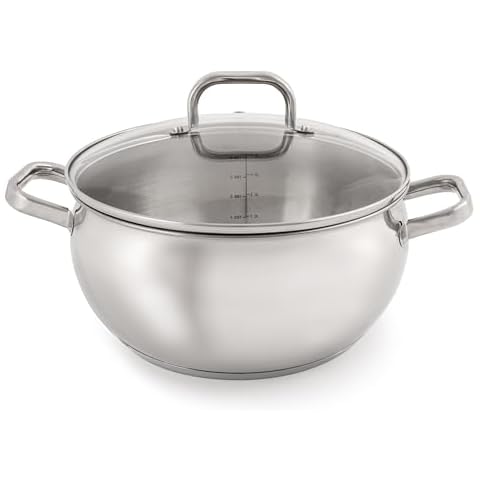 BergHOFF Belly Shape 18/10 Stainless Steel 9.5 inches Stockpot 5.5qt., Glass Lid with Steam Vent, Fast, Evenly Heat, Induction Cooktop Ready Cover