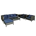 Outsunny Patio Furniture Set, 9 Piece Outdoor Sectional Sofa, All-Weather PE Rattan Wicker Conversation Set with Chairs, Ottoman, Loveseat, Coffee and Side Table, Cushions, Navy Blue